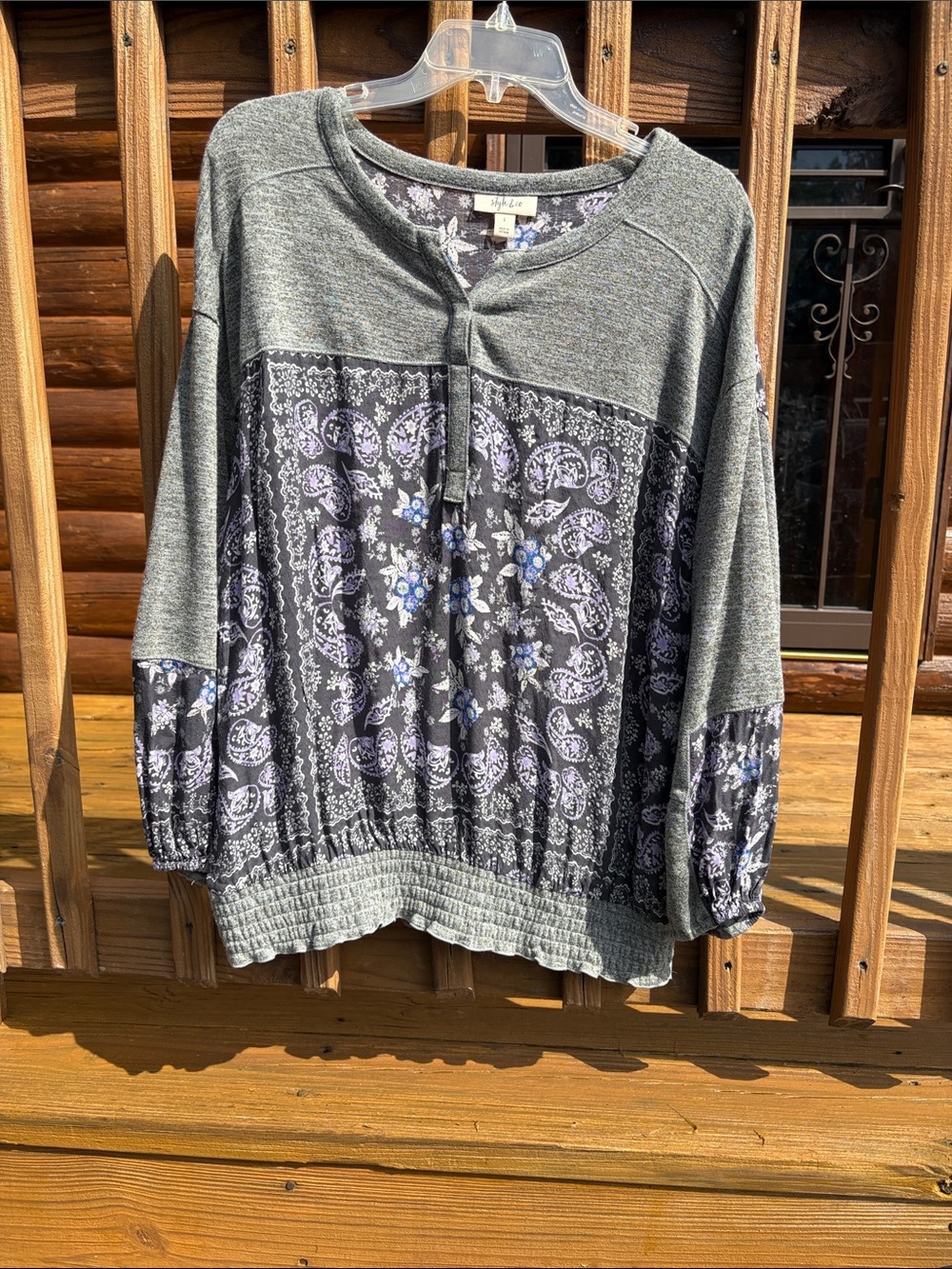 Ladies Style & Co. Gray Paisley Henley Pullover with Lavender Accents